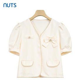 NUTS法式花边v领衬衫女夏季甜美泡泡袖百搭雪纺上衣429042318