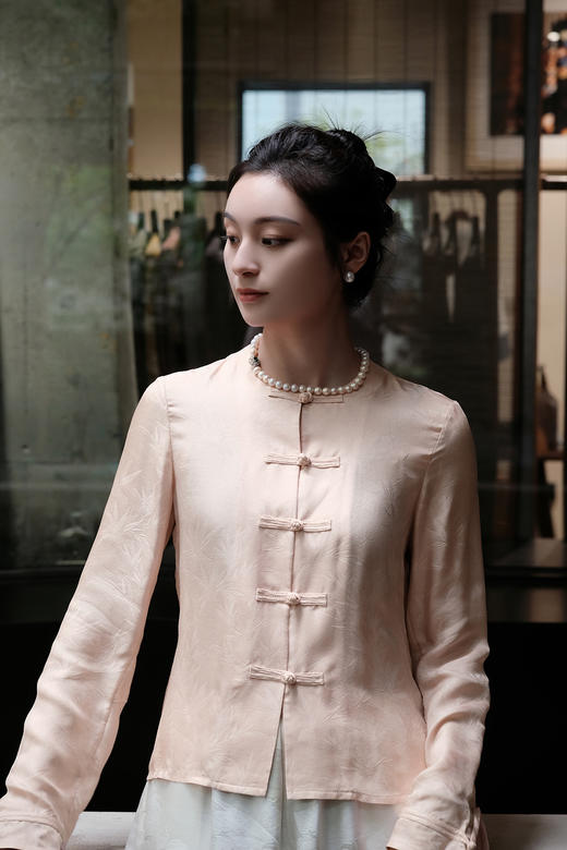 盛唐牡丹 |盈盈粉文竹交织真丝罗上衣 商品图0