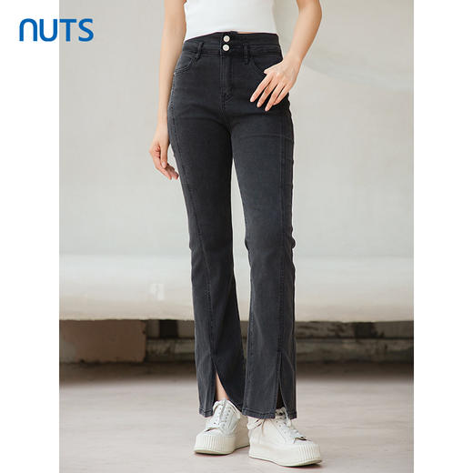 NUTS秋季新款黑色高腰显瘦开叉修身微喇牛仔裤女4321101A1 商品图0