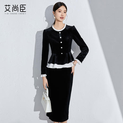 秋季时尚职业套装女装2024新款洋气黑色丝绒显瘦两件套御姐小香风 商品图3