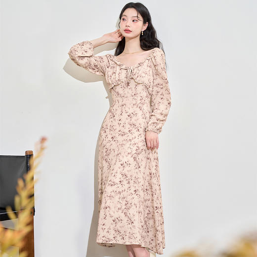 法式复古花边圆领碎花长袖连衣裙女秋季收腰A字裙子V0042756 商品图4