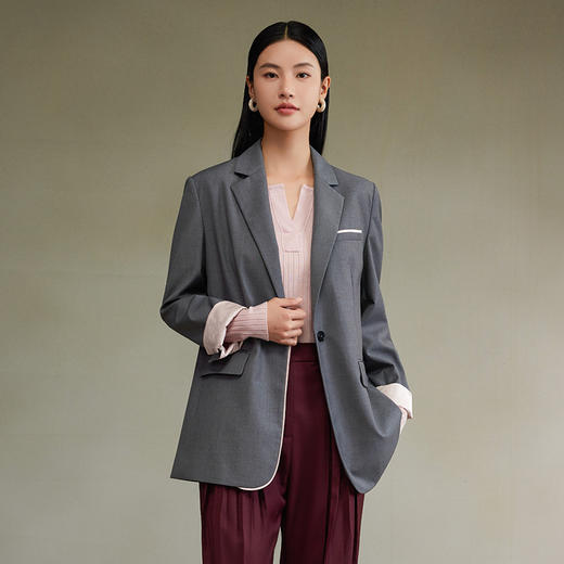 西嘉经典格雷灰轻中式气质拼接撞色设计感西装 商品图0