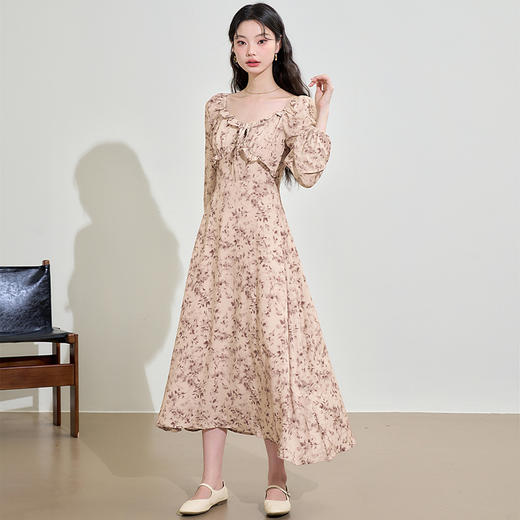 法式复古花边圆领碎花长袖连衣裙女秋季收腰A字裙子V0042756 商品图1
