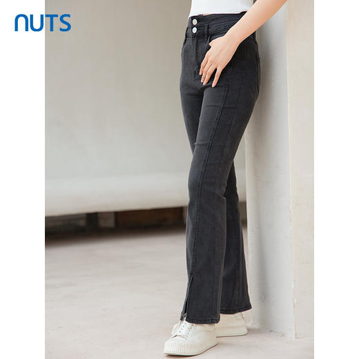NUTS秋季新款黑色高腰显瘦开叉修身微喇牛仔裤女4321101A1 商品图3