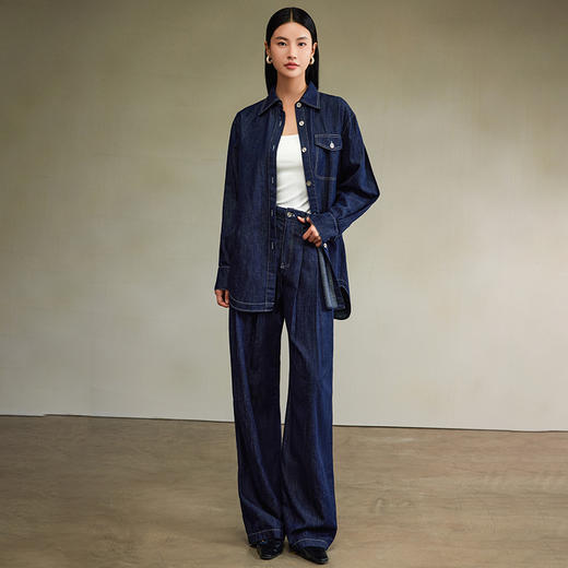 西嘉美式复古棉天丝亚麻混纺牛仔明线设计感简约廓形衬衫套装CS2403053 商品图0