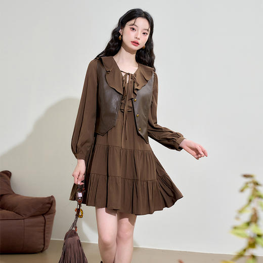美拉德时尚叠穿套装女马甲搭长袖连衣裙两件套V0042754 商品图0