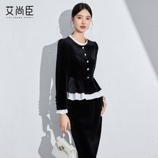 秋季时尚职业套装女装2024新款洋气黑色丝绒显瘦两件套御姐小香风 商品图4