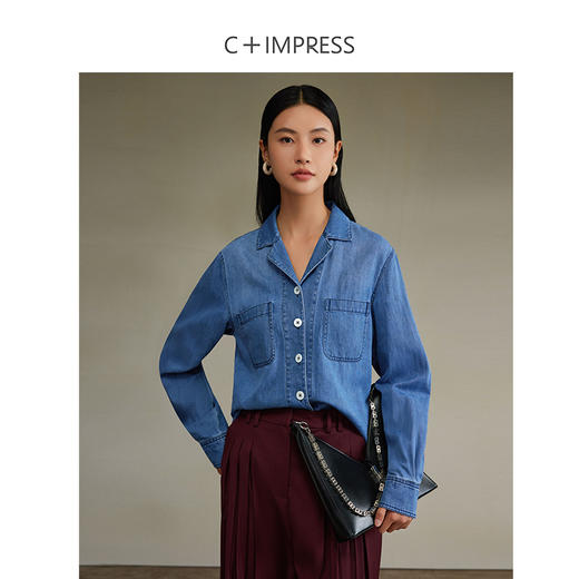 西嘉长绒棉亚麻混纺复古显瘦直身廓形牛仔衬衫 商品图2