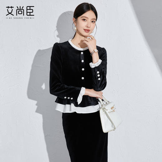 秋季时尚职业套装女装2024新款洋气黑色丝绒显瘦两件套御姐小香风 商品图6
