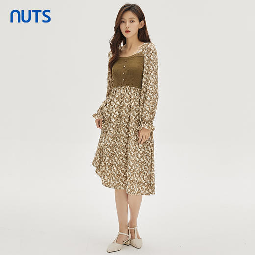 NUTS春秋季新款时尚气质休闲风碎花拼接设计长袖连衣裙333102180 商品图0