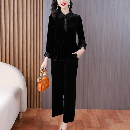 雀说丝绒复古气质上衣女时尚镂空翻领长袖洋气裤子套装AL5569 商品图0