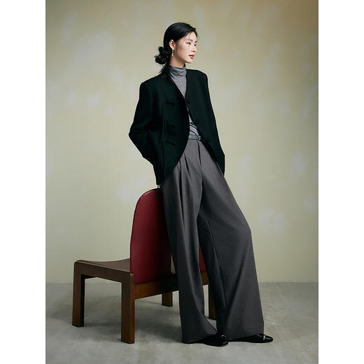 棉仓356618002-高腰双褶裥宽腰袢大直筒西裤羊毛混纺西裤 商品图2