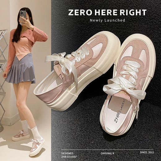 ZHR则则透气德训鞋女厚底小白鞋女拼接系带休闲板鞋子女2024新款 商品图1