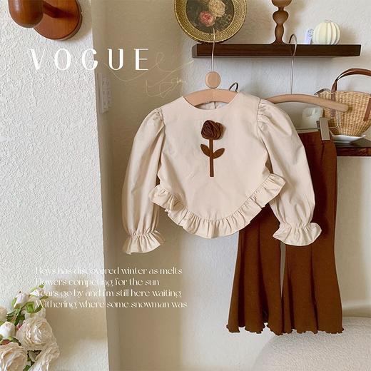 Ancorelala秋季新款女童时尚花朵木耳边上衣开叉喇叭裤两件套 商品图0