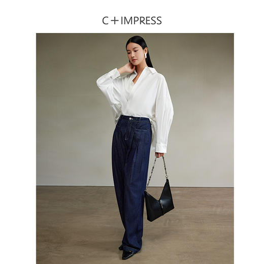 西嘉120支优质长绒棉建筑解构交叠斜襟设计感简约随性女神衬衫CS2403015 商品图4