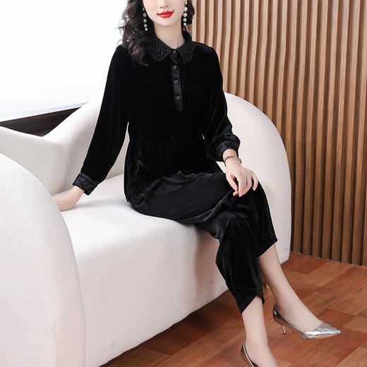 雀说丝绒复古气质上衣女时尚镂空翻领长袖洋气裤子套装AL5569 商品图1