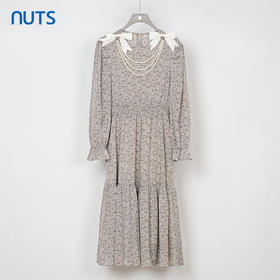 NUTS秋季新款复古赫本风碎花圆领蝴蝶结长袖连衣裙女331103348