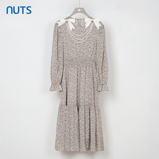 NUTS秋季新款复古赫本风碎花圆领蝴蝶结长袖连衣裙女331103348 商品图0