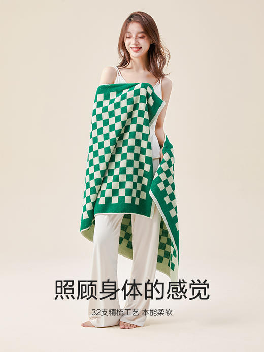 三利棋盘格浴巾女男款全棉家用纯棉吸水速干大毛巾三件套 商品图1