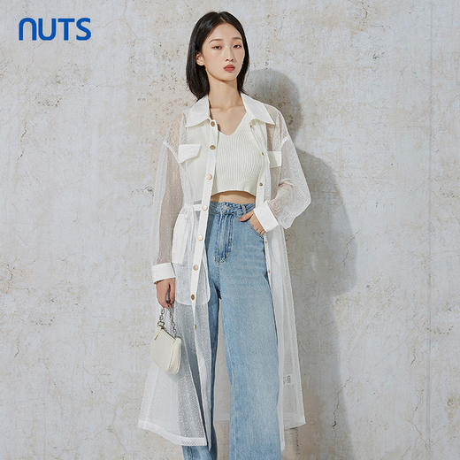 NUTS秋季新款气质时尚设计感网纱透感衬衫款长外套女231043025B 商品图3
