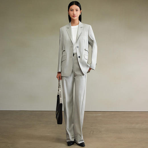 西嘉时髦松弛感JI简单排扣可脱卸腰带女绅士西装/翻边直筒裤套装 商品图0