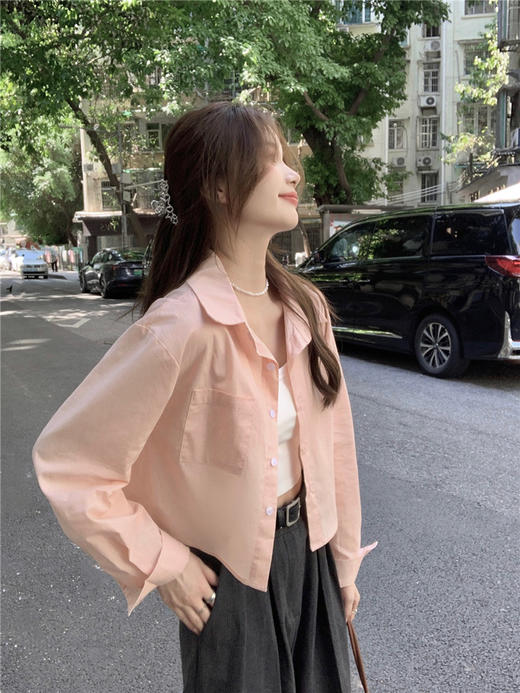 【小众设计感粉色短款衬衫】春秋季宽松休闲长袖衬衣开衫外套 别致长袖上衣 商品图0