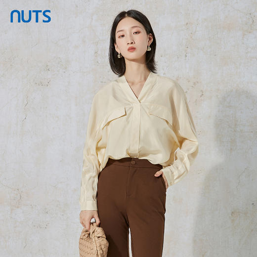 NUTS秋季新款气质通勤风韩版时尚100%桑蚕丝长袖衬衫231013111B 商品图2