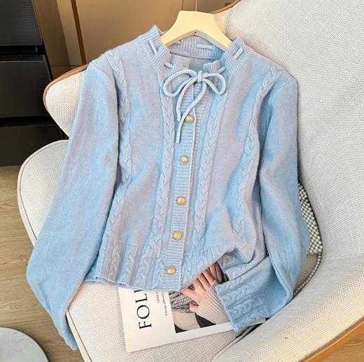 【秋冬新款长袖小衫】温柔风短款蝴蝶结系带麻花针织衫毛衣 开衫外套女 商品图7