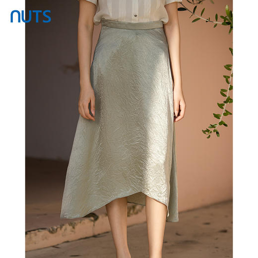 NUTS夏季新款醋酸烟绿色法式开叉半身裙女425061023 商品图1