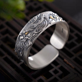 子佩集S999银【神隐龙腾】手镯【YS008】纯银手镯带金色嵌真金仿古2408