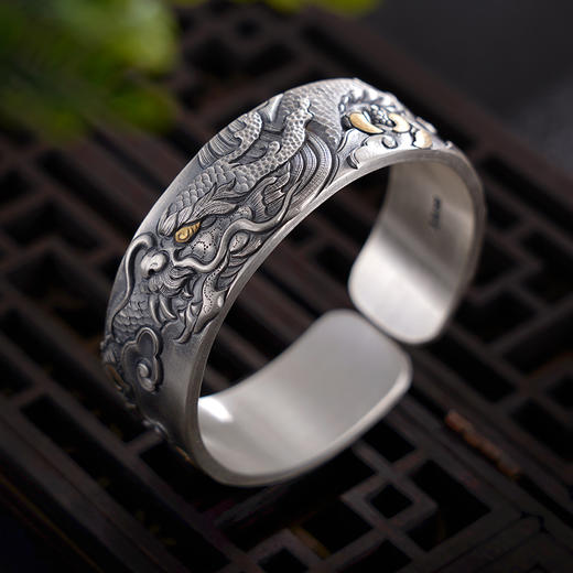 子佩集S999银【神隐龙腾】手镯【YS008】纯银手镯带金色嵌真金仿古2408 商品图1