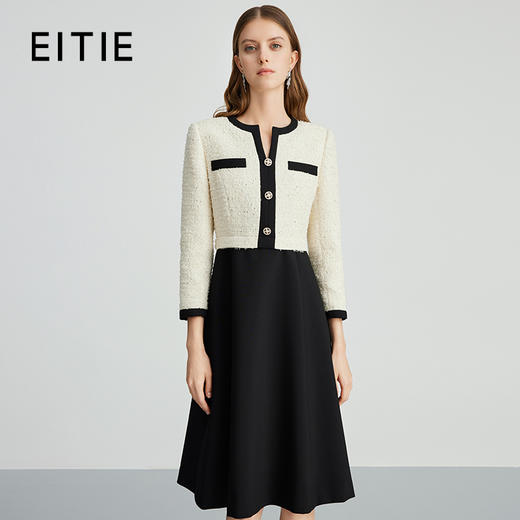 EITIE爱特爱气质优雅撞色拼接通勤显瘦小香风A字连衣裙秋新款D2407403 商品图0