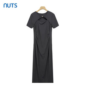 NUTS夏季女士镂空褶皱打揽小个子短袖弹力修身连衣裙424101191