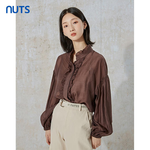 NUTS秋季新款时尚通勤风荷叶领泡泡袖设计感长袖衬衫231013089B 商品图3