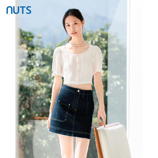 NUTS女短袖t恤夏薄款法式方领衬衫泡泡袖短款上衣423011192 商品图2