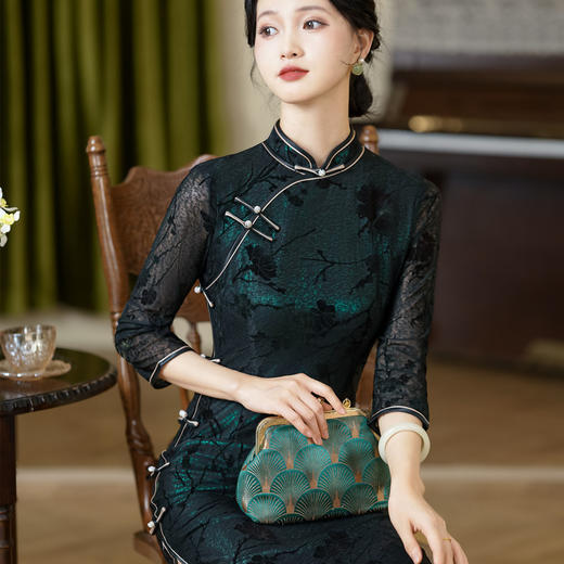 TQX171908 妈妈旗袍2024年新款中年夏复古民国风平时穿中长款高端墨绿色高级 商品图2