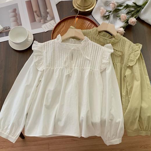 【法式褶皱系带立领长袖衬衫】春秋季 设计感小众宽松荷叶边娃娃衫上衣 商品图0