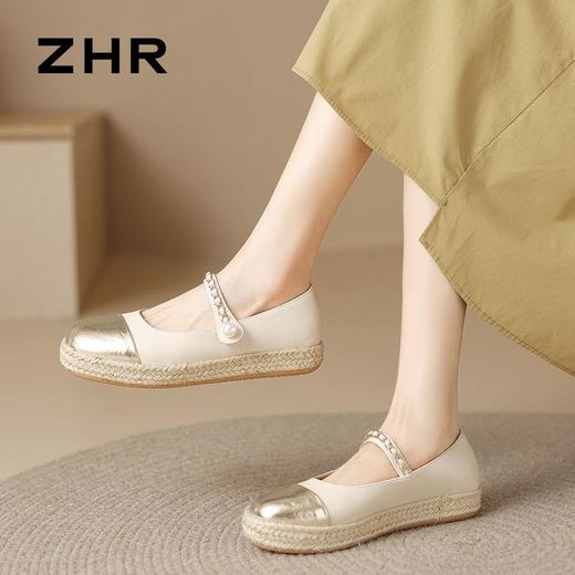 ZHR则则小香风链条渔夫鞋女鞋2024新款时尚小众珍珠舒适平底单鞋 商品图3