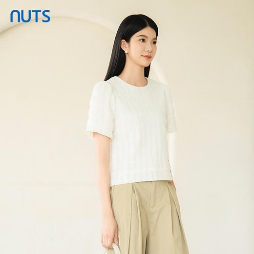NUTS秋季新款白色圆领简约直筒泡泡袖套头衬衫衫女4320111A1 商品图1
