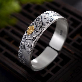 子佩集S999银【兔嗅芳华】手镯【YS011】纯银手镯带金色嵌真金仿古2408