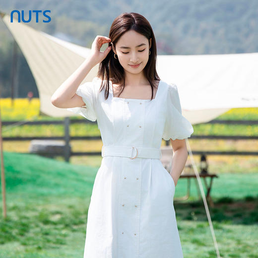 NUTS夏季新款复古方领气质连衣裙小白裙女423101070 商品图2