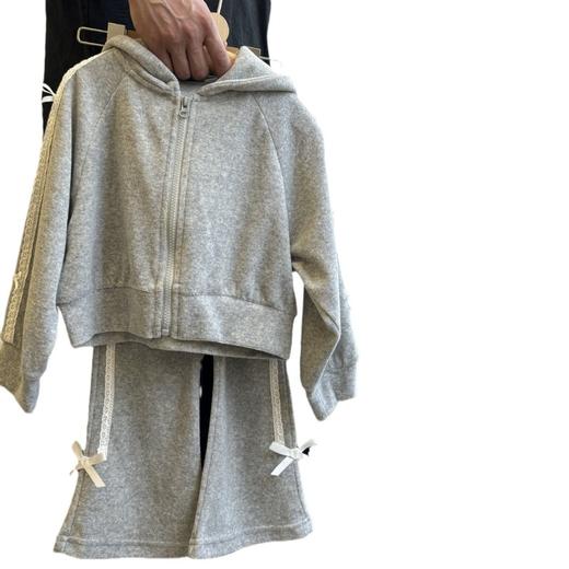 【灰色花边女童套装】2024秋季韩版休闲儿童连帽开衫外套洋气喇叭裤 商品图4