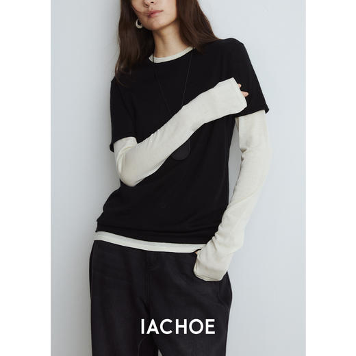 棉仓3571505003-早秋新品长袖假两件针织衫 外穿打底两用拼色100%羊毛毛衣 商品图0