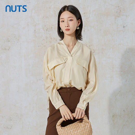 NUTS秋季新款气质通勤风韩版时尚100%桑蚕丝长袖衬衫231013111B 商品图1