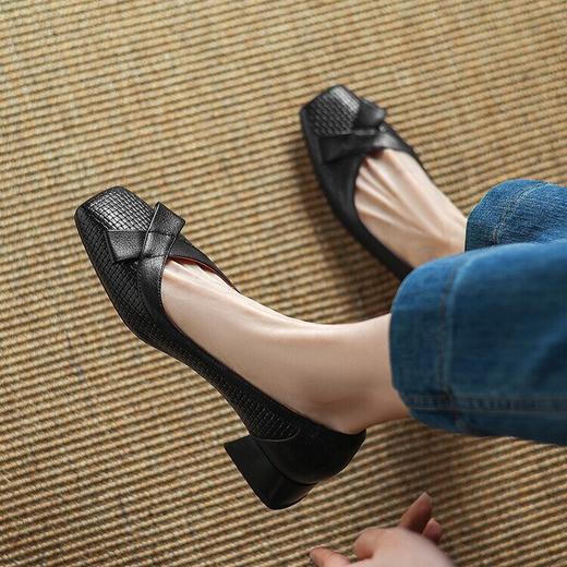 【预售5天】蝴蝶结方头粗跟高跟鞋，新款浅口中跟黑色单鞋LD&6850 商品图1