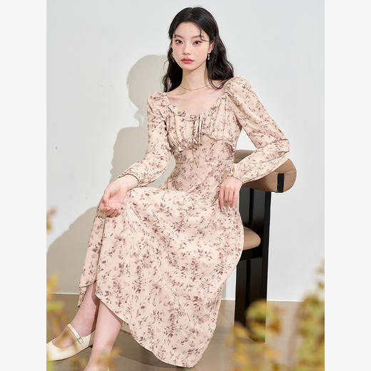 法式复古花边圆领碎花长袖连衣裙女秋季收腰A字裙子V0042756 商品图0