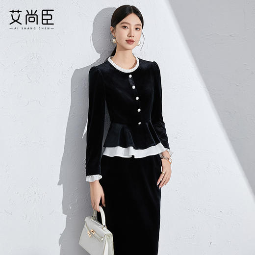 秋季时尚职业套装女装2024新款洋气黑色丝绒显瘦两件套御姐小香风 商品图7