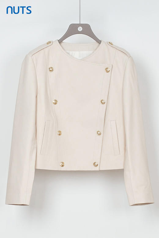 NUTS秋季新款白色设计感高级气质双排扣皮衣短外套女335132320 商品图5