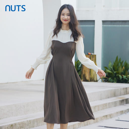 NUTS秋季新款2023时尚气质拼接设计收腰显瘦长袖连衣裙4351003A1 商品图0