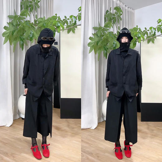 HIDEMI 【当当同款】极简显瘦手工边中高腰立体翻折设计感七分阔腿裤 深灰色/黑色/橄榄棕/奶油米白 商品图1